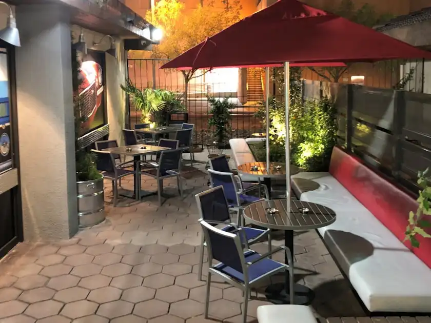 Outdoor seating on The Garage's patio